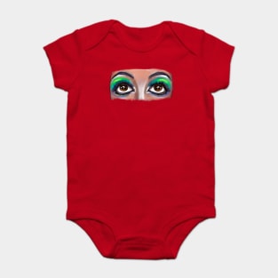 Lashes eyelashes, brown eyes looking upwards with green eye shadow on pink background. The eyes have it, beauty is in the eye of the beholder Baby Bodysuit